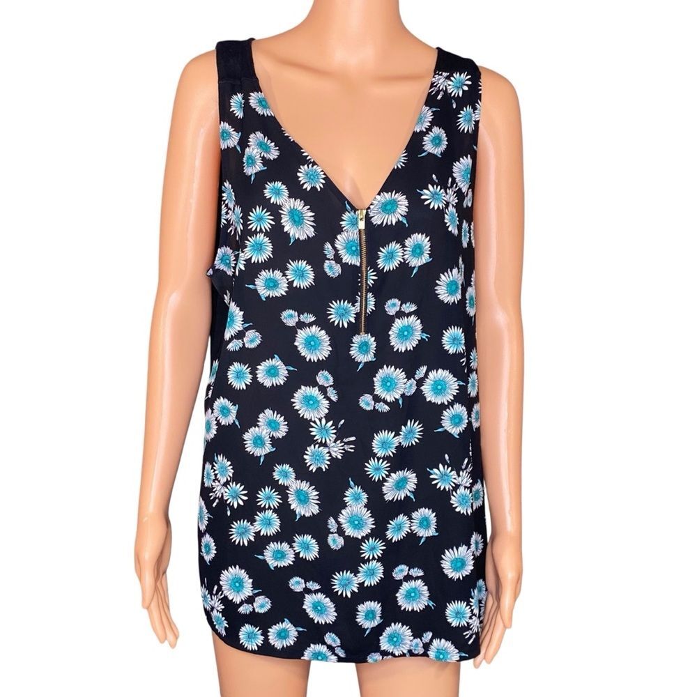 Express Sleeveless Floral Top Womens Size XL 1-4 Zip Detail V- Neckline
